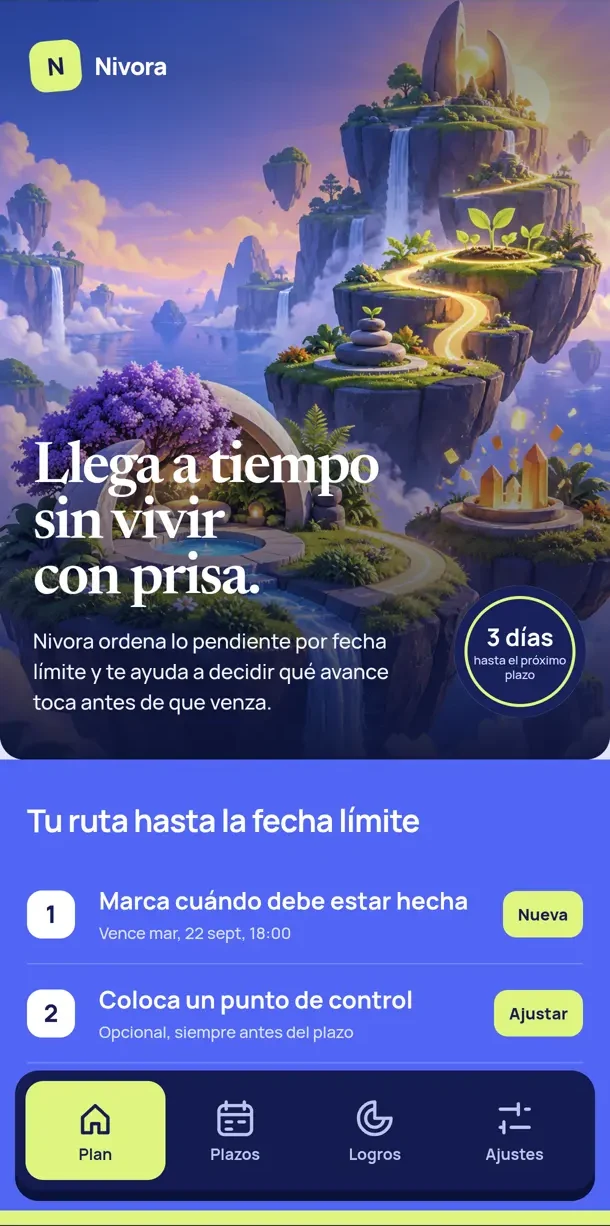 Inicio de Nivora con el próximo plazo y una ruta de tres decisiones