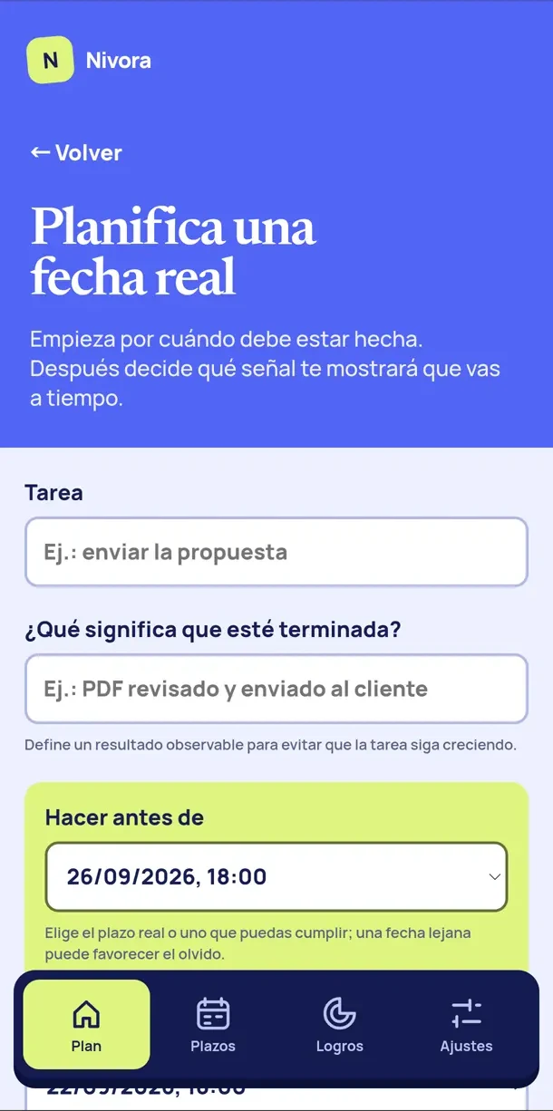 Planificador de Nivora con resultado observable y fecha límite